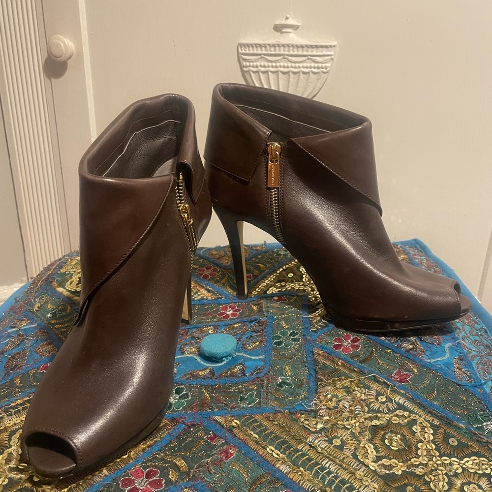 Michael Kors Brown Leather Peep Toe Stiletto Heel Ankle Boots with Side Zipper